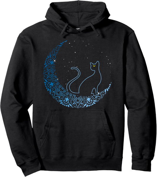 Black Cat Crescent Moon Gift Design Idea for Cat Fans Pullover Hoodie